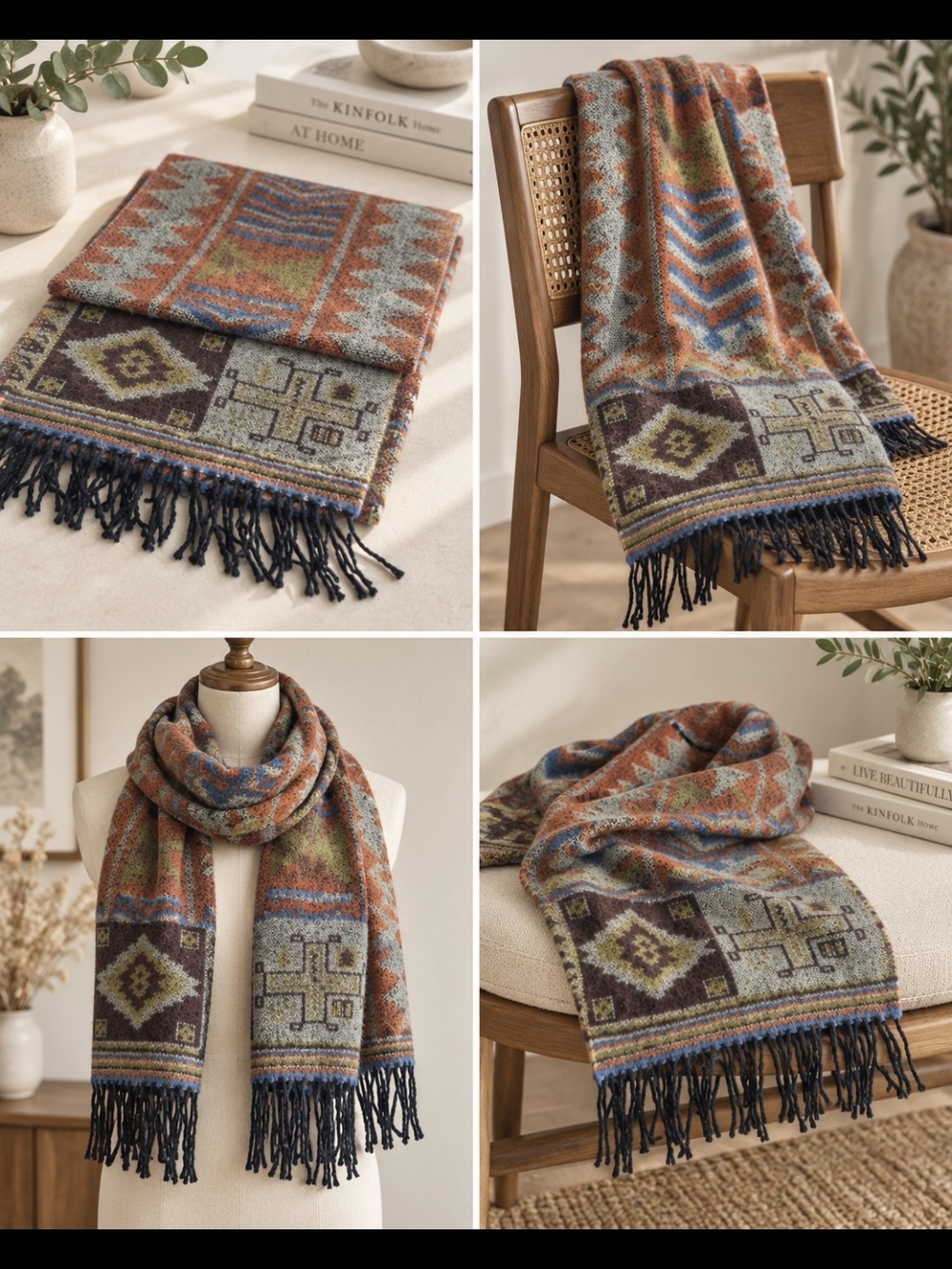 Cashmere. Made In Germany Geometric Fringe Throw Scarf - Multi-Color